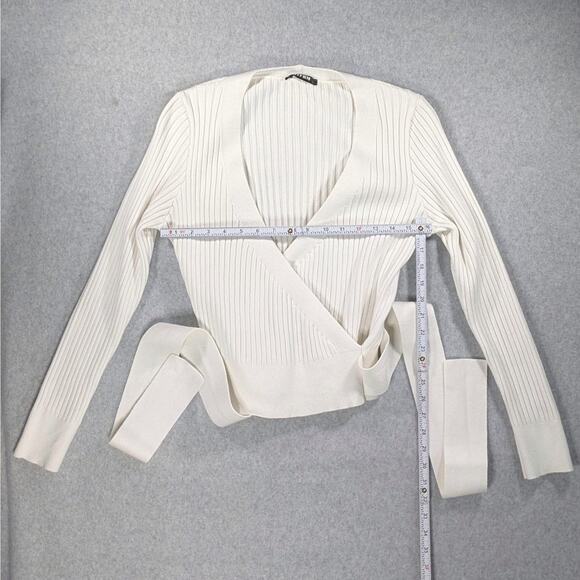BTFBM Wrap V-Neck Cropped Sweater White Ribbed Knit Long Sleeve Women’s L - Picture 12 of 16